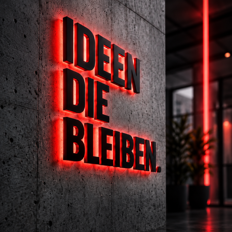 Leuchtende rote Schrift mit dem Text IDEEN DIE BLEIBEN an einer Betonwand.
