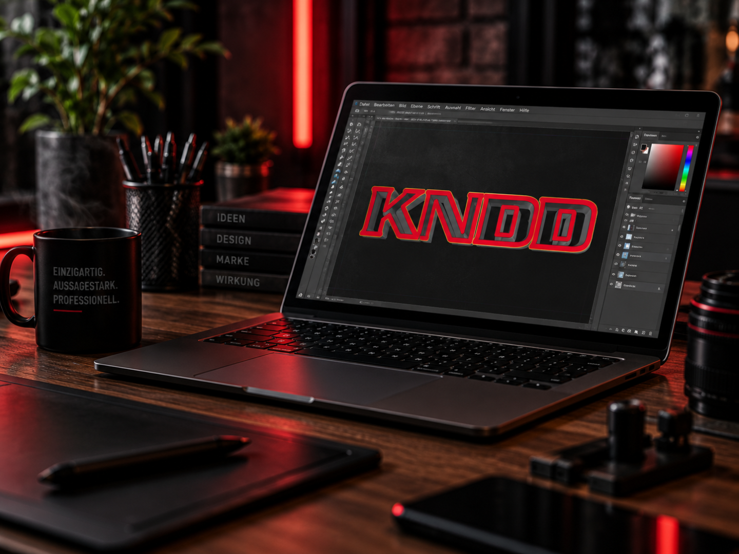Laptop auf einem Schreibtisch mit geöffneter Designsoftware und rotem Schriftzug auf dem Bildschirm.