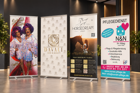 Vier aufgestellte Roll-up-Banner in einem modernen Innenraum mit unterschiedlichen Werbemotiven.