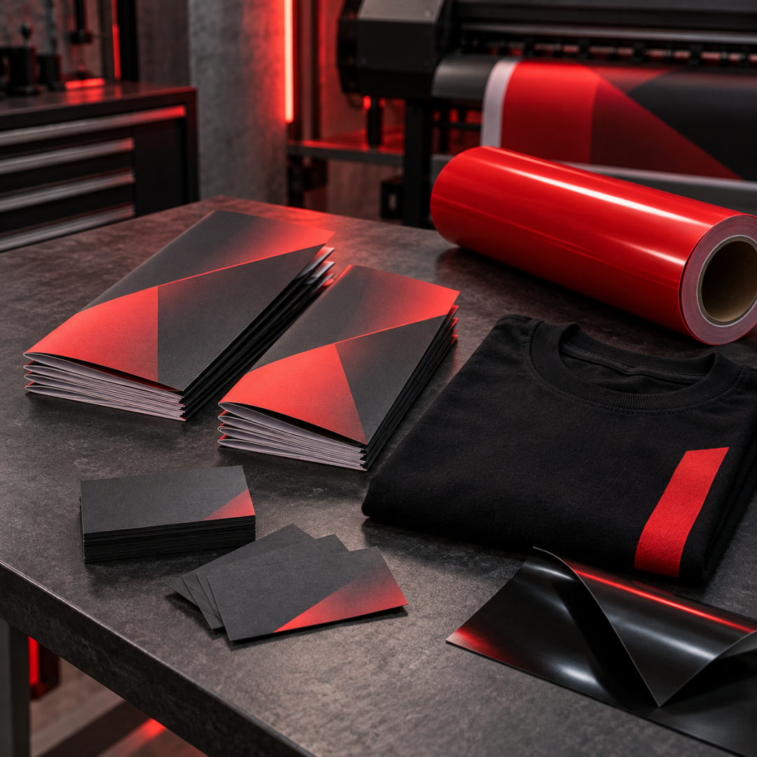 Druckprodukte und schwarze Kleidung mit roten Designelementen auf einem Arbeitstisch