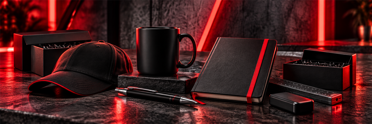 Schwarze Werbeartikel wie Kappe, Tasse, Notizbuch und Stift auf dunklem Tisch im roten Licht