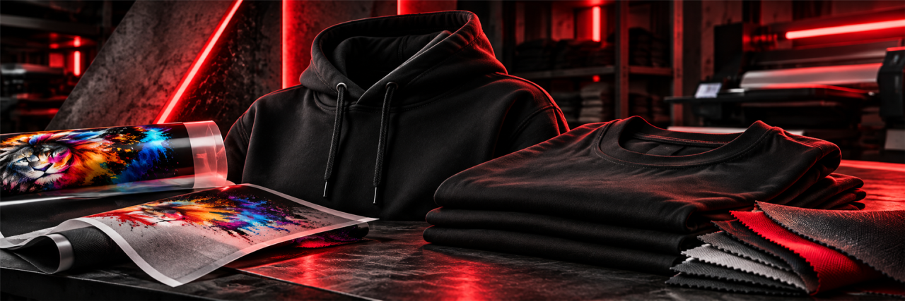 Schwarzer Hoodie und gefaltete schwarze T-Shirts neben einem bunten Stoffdruck in rotem Licht