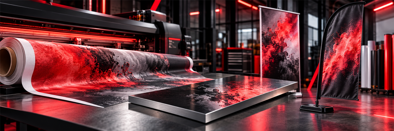 Großformatdrucker mit rot-schwarzem Motiv in einer modern beleuchteten Werkstatt
