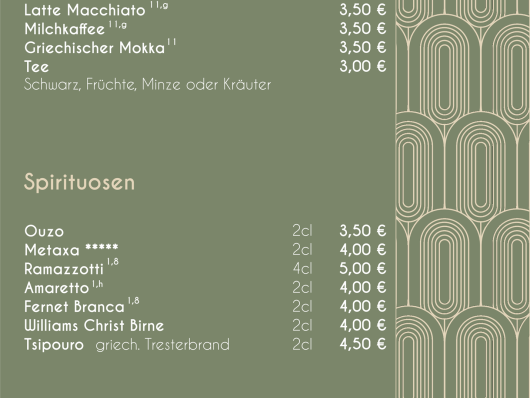 Speisekarte mit Kaffee-, Tee- und Spirituosenangeboten auf grünem Hintergrund.