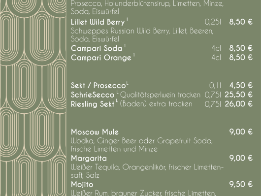 Getränkekarte mit Aperitifs, Cocktails und Preisen auf grünem Hintergrund