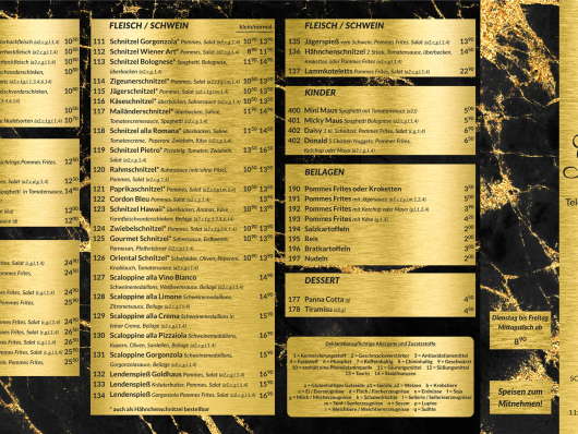Goldene Speisekarte eines Restaurants mit Gerichten, Preisen und Kontaktdaten.