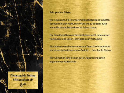 Goldfarbene Restaurantkarte des Goldhaus mit Begrüßungstext, Öffnungszeiten und schwarzer Marmorseite.