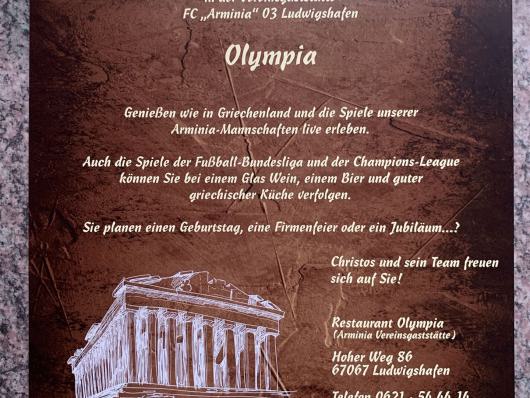 Werbeplakat des Restaurants Olympia mit griechischem Tempel und Öffnungszeiten