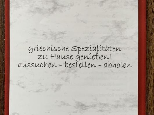 Speisekarte oder Flyer des griechischen Restaurants Delphi in Speyer mit Telefonnummer und Öffnungszeiten.
