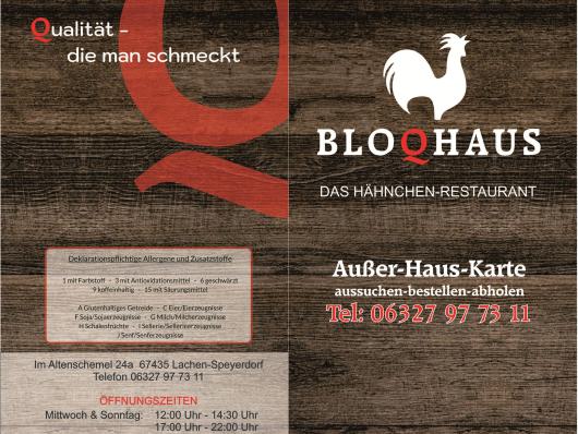 Werbeflyer des Restaurants BloQhaus mit Holzoptik, Hahn-Logo und Kontaktdaten.