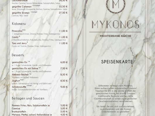Zweiseitige Speisekarte des Restaurants Mykonos auf hellem Marmordesign