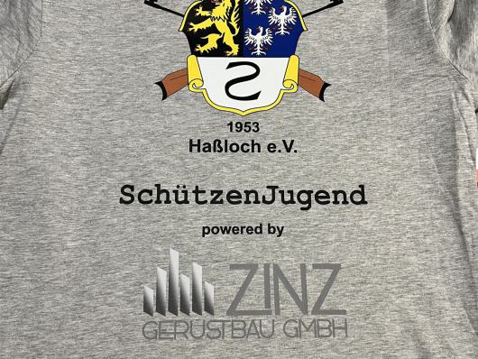 Graues T Shirt mit Vereinslogo und Aufdruck des Sportschützenclubs Hasloch