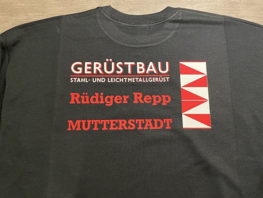 Schwarzes T Shirt mit Gerüstbau Aufdruck und rotem Warnmuster auf dem Rücken