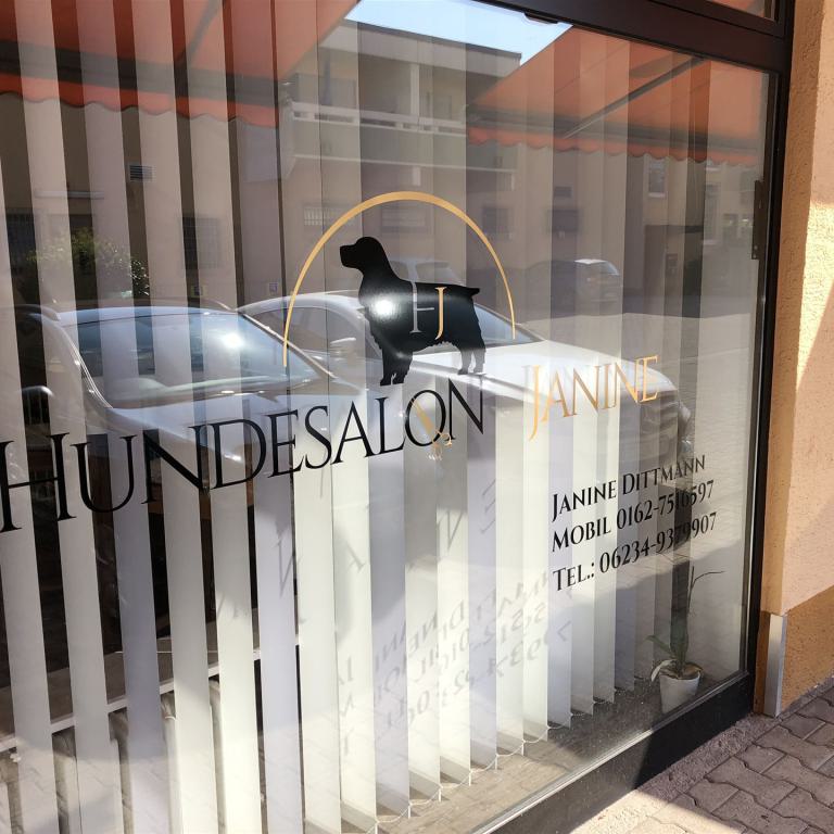 Schaufenster eines Hundesalons mit Beschriftung und reflektierten Autos auf der Glasscheibe.
