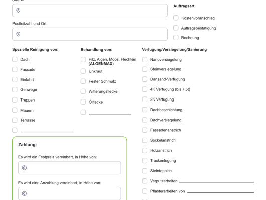 Digitales Formular eines Reinigungsunternehmens mit Feldern, Checkboxen und Unterschriftsbereichen.